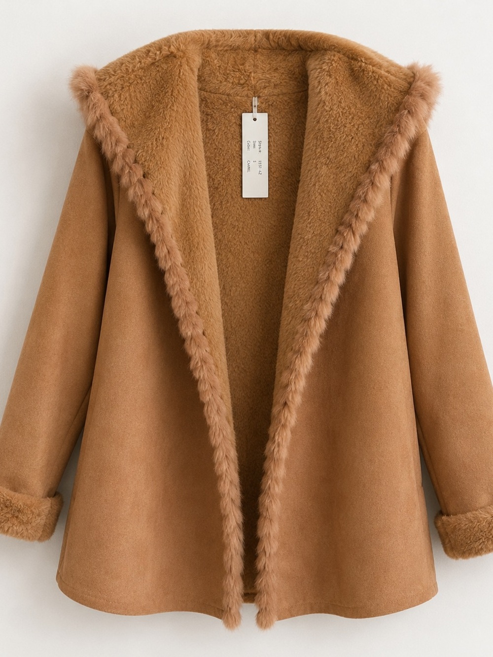 NWT Love Token Camel Hooded Coat Genuine Rabbit Fur Trim S
